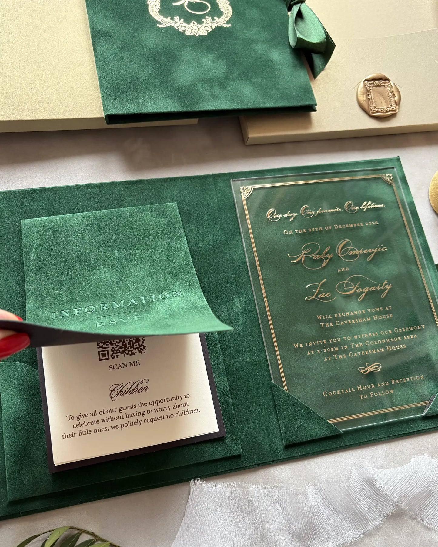 Buckingham Forest Green Velvet Folio open with gold-bordered cardboard insert, Information and RSVP cards — Polina Perri