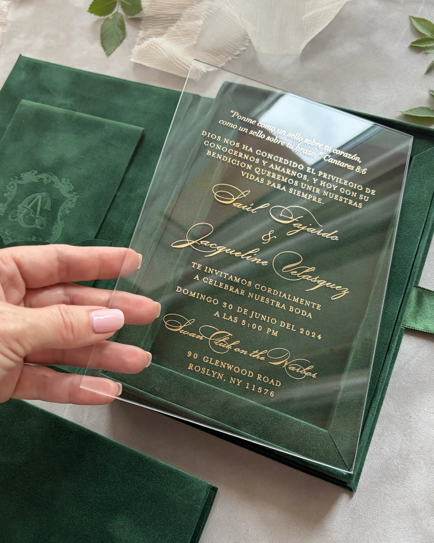 Forest Green velvet boxed invitation with gold acrylic insert close-up — Polina Perri