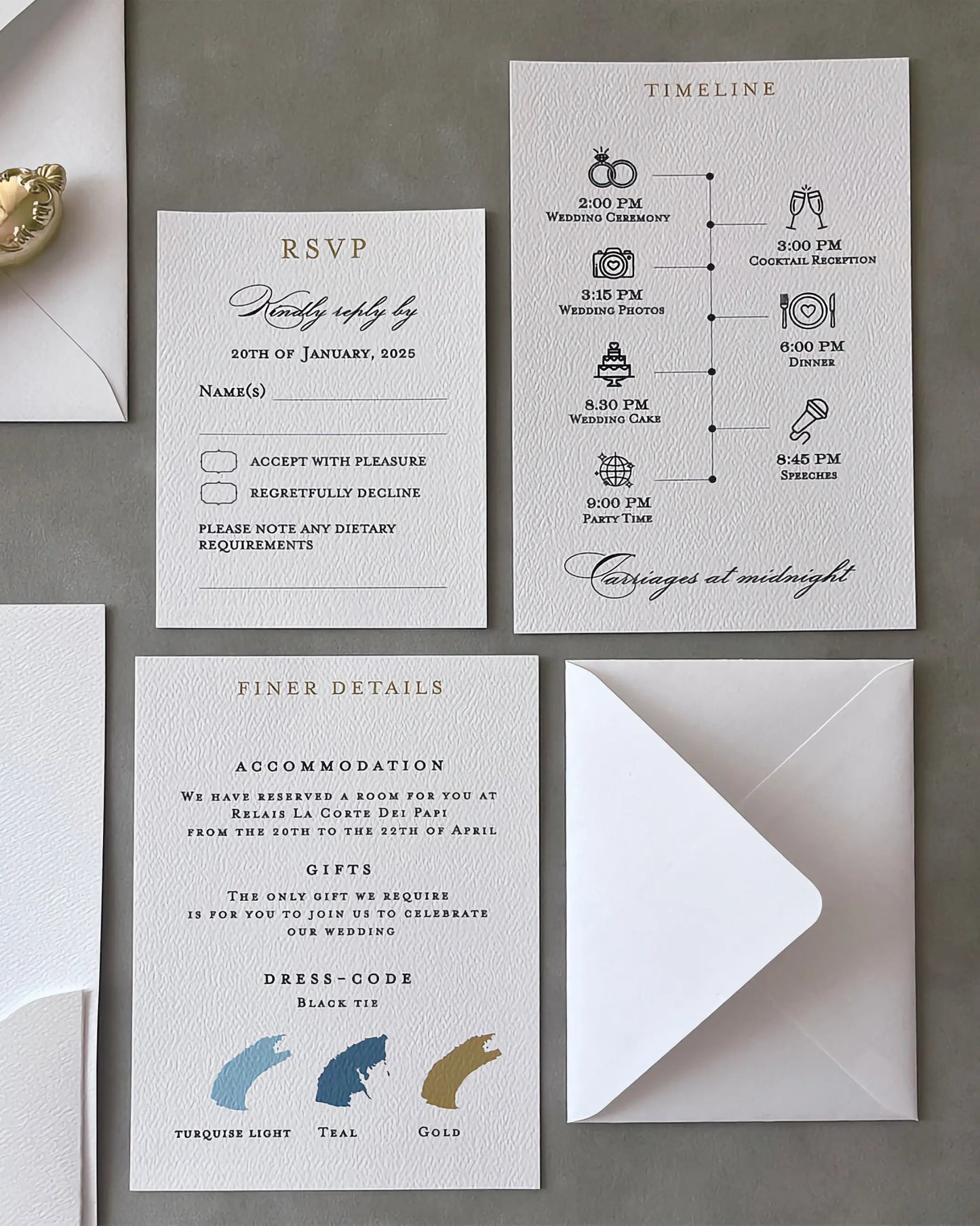 White Vertical Pocketfold insert suite with RSVP, Timeline, Finer Details and envelope — Polina Perri