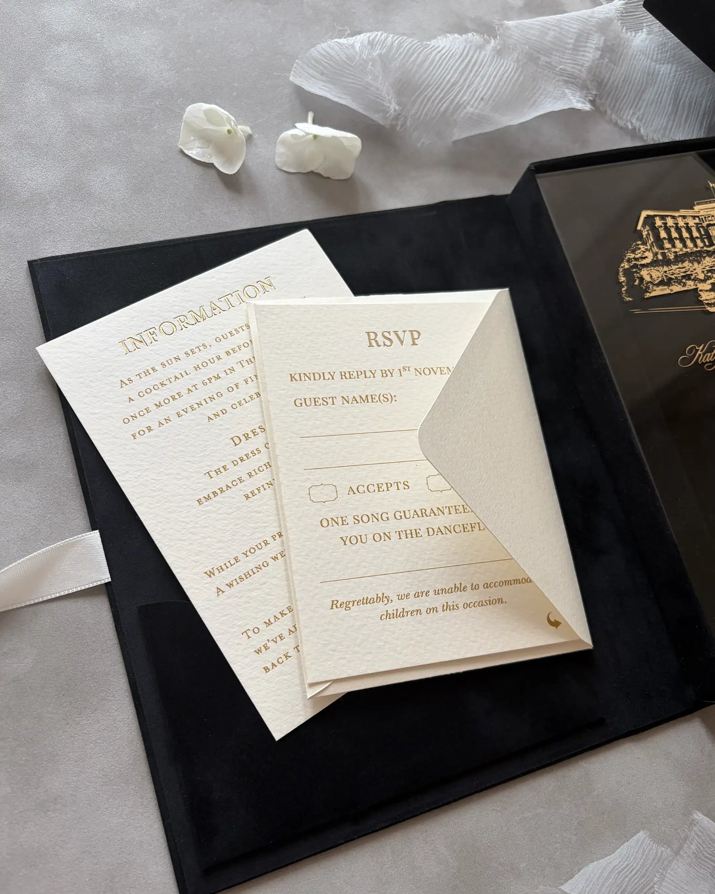 Grand-Hôtel du Cap-Ferrat Black Velvet Boxed invitation with information and RSVP cards on velvet box — Polina Perri