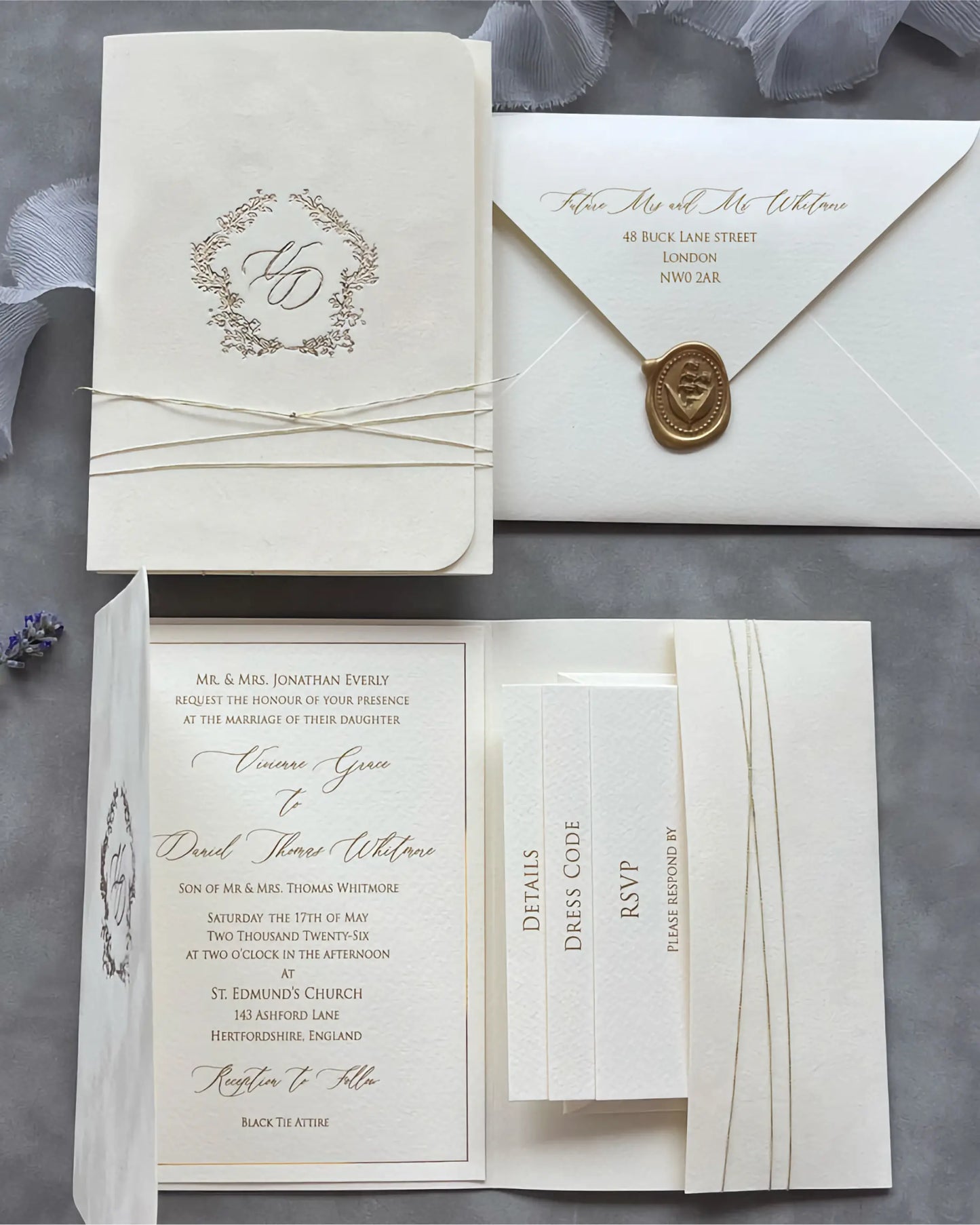 Virginie Cream velvet pocketfold wedding invitation suite with envelope, wax seal and insert cards — Polina Perri