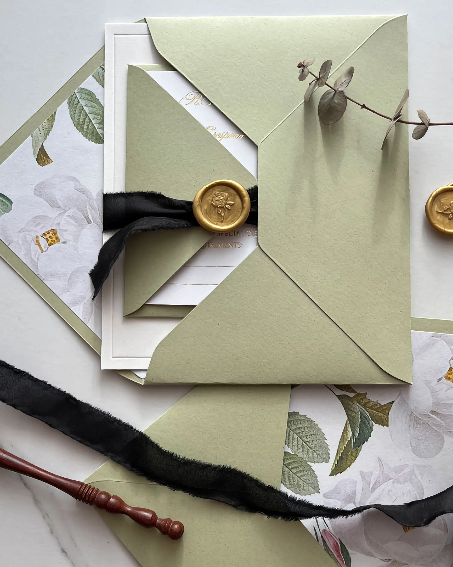 Eleanor Wedding Invitation Suite with Sage Green Envelope and Gold Wax Seal — Polina Perri