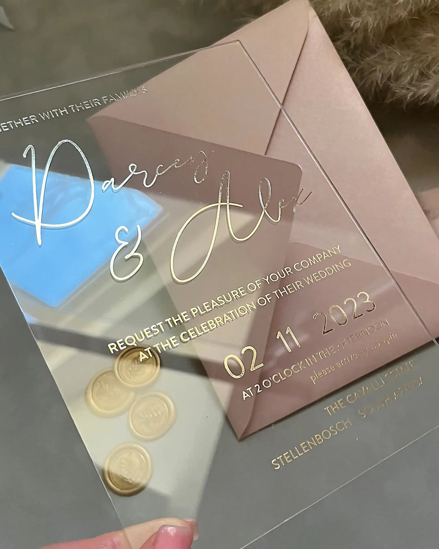 Modern Chic Acrylic wedding invitation with gold foil script and Dusty Pink envelope with wax seals — Polina Perri