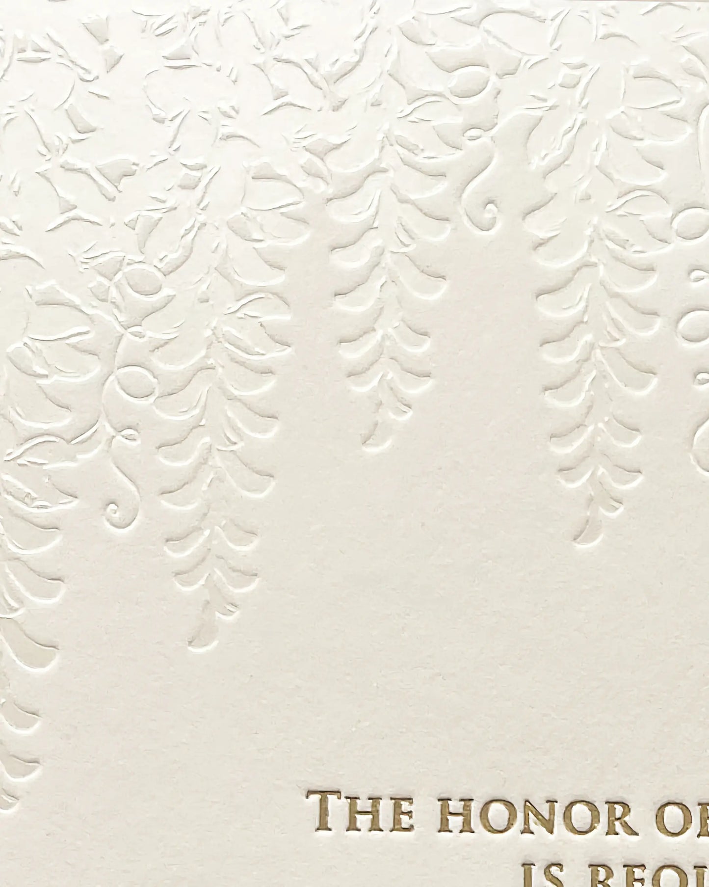 Embossed Wisteria Wedding Invitation Close-Up — Pearl Foil Texture on Cotton Card — Polina Perri