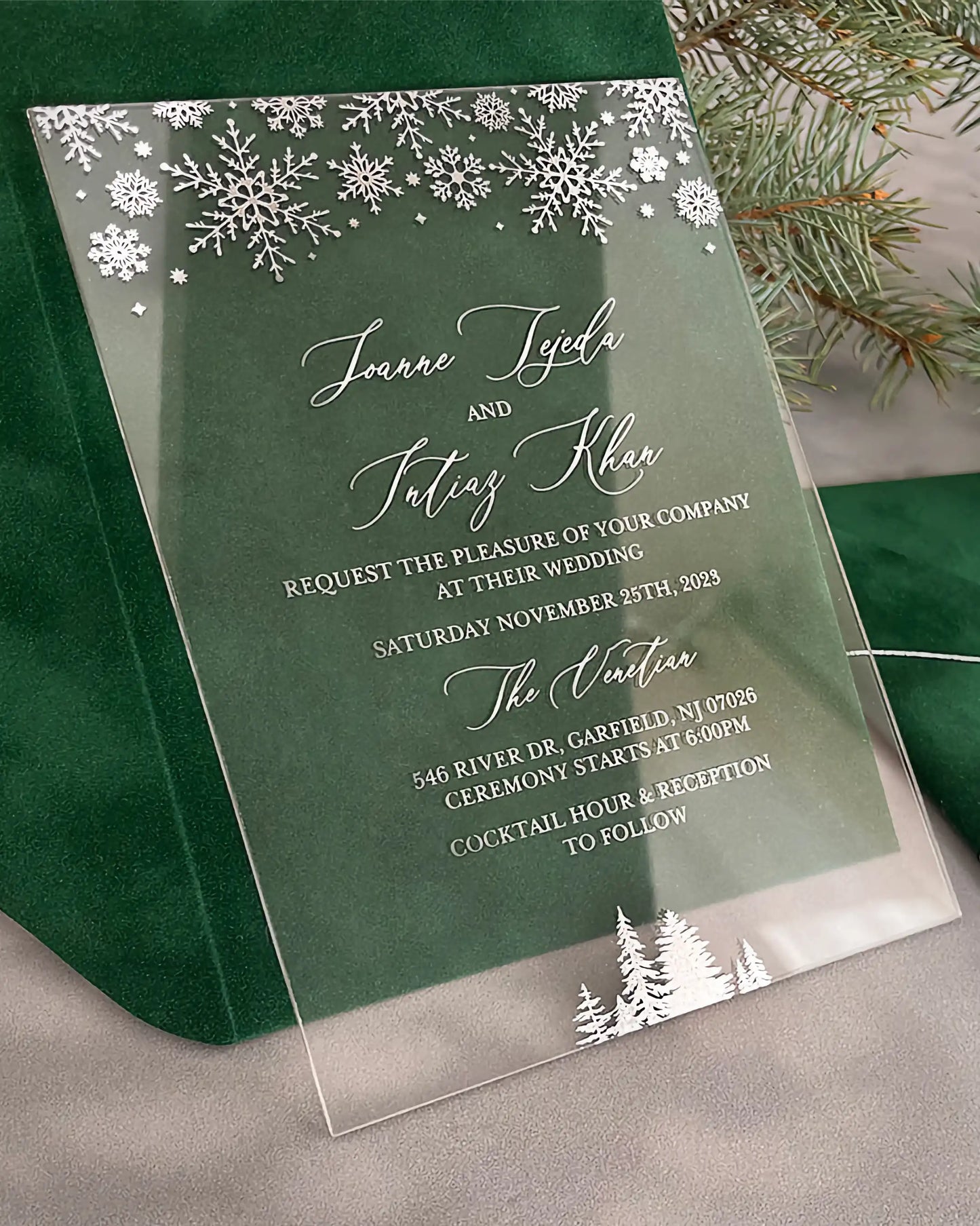 Winter Wonderland Silver Acrylic wedding invitation with silver snowflakes and pine trees on Forest Green velvet envelope — Polina Perri