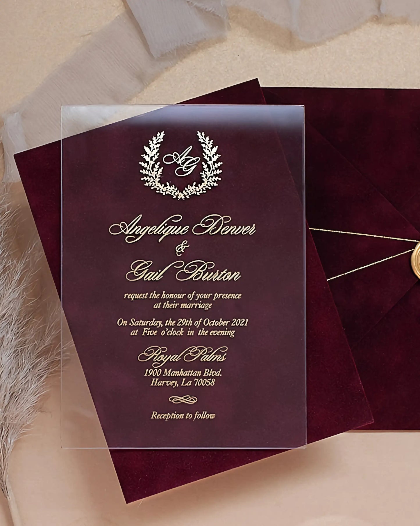 Monogram I Acrylic wedding invitation with gold foil monogram crest and Burgundy velvet background — Polina Perri