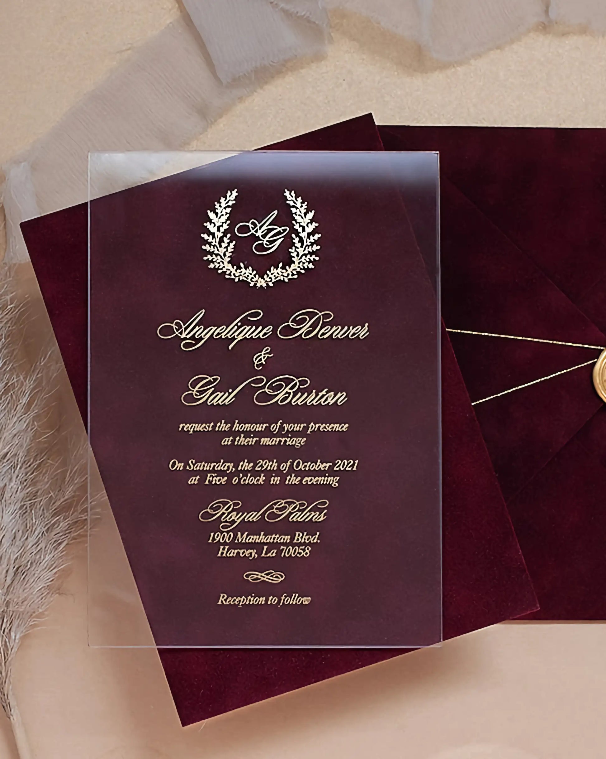 Monogram I Acrylic wedding invitation with gold foil monogram crest and Burgundy velvet background — Polina Perri