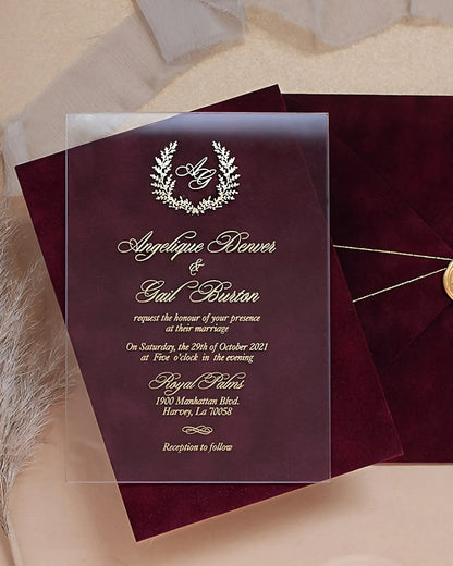 Monogram I Acrylic wedding invitation with gold foil monogram crest and Burgundy velvet background — Polina Perri