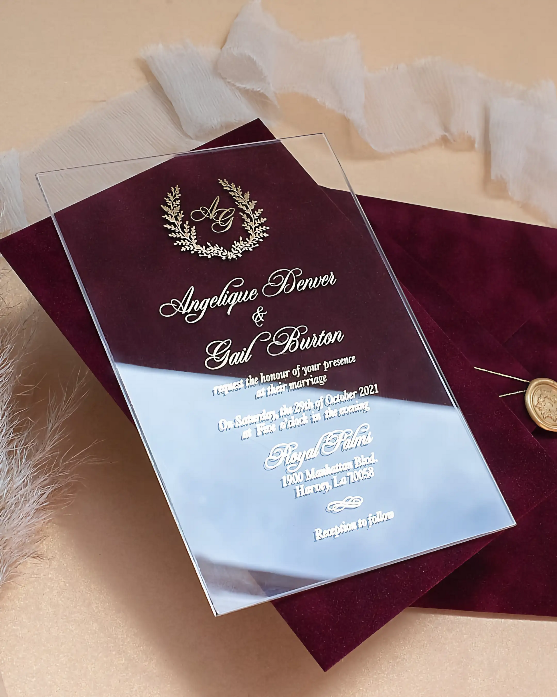 Monogram I Acrylic wedding invitation with gold foil laurel wreath monogram on Burgundy velvet — Polina Perri