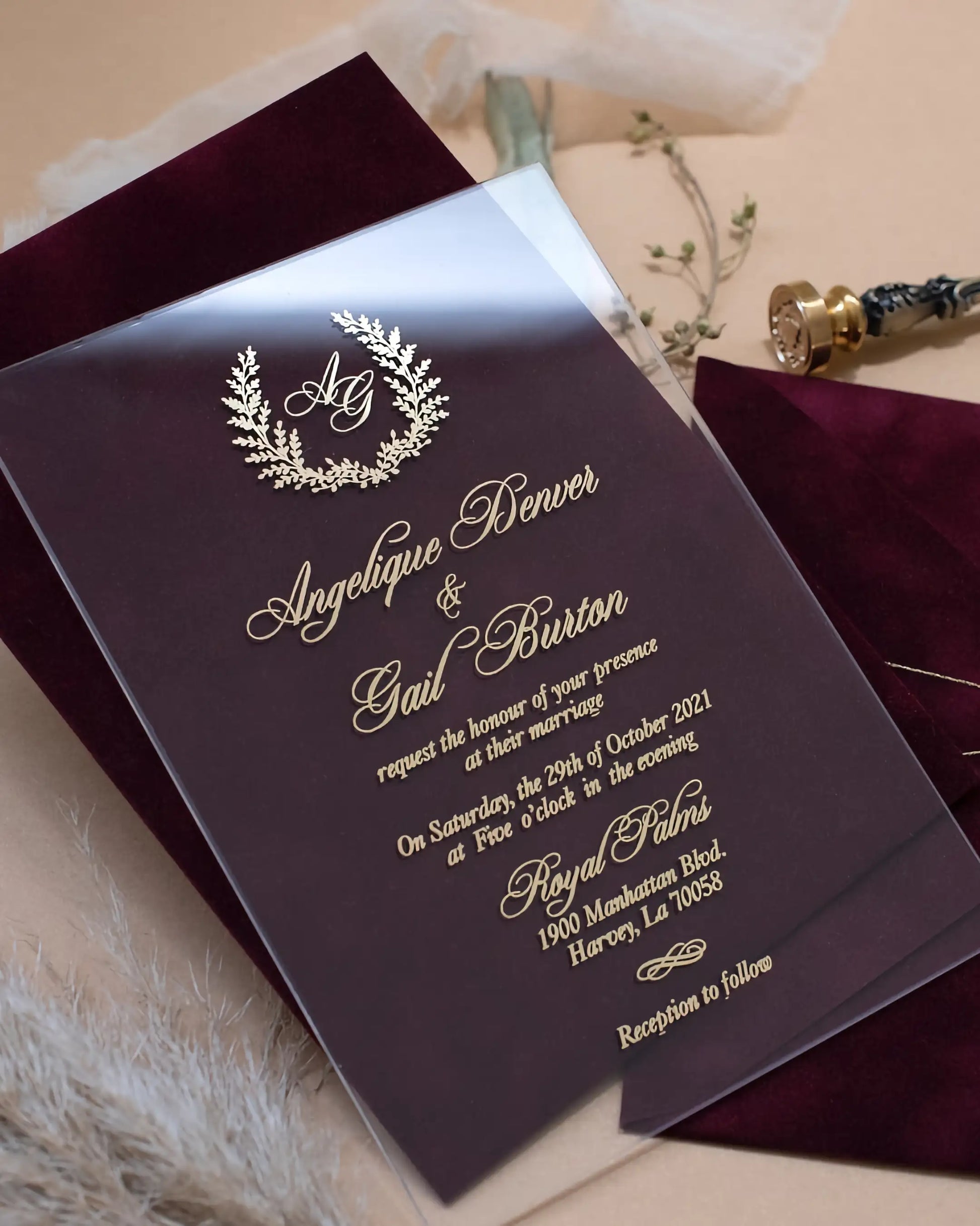 Monogram I Acrylic wedding invitation with gold foil script and laurel wreath monogram on Burgundy velvet — Polina Perri