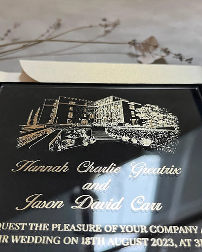 Black Velvet Venue Folio with gold foil venue illustration on acrylic wedding invitation — Polina Perri