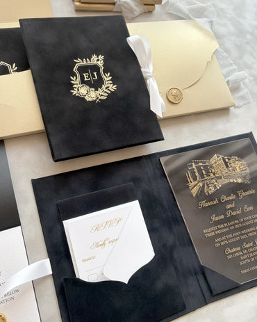 Black Velvet Venue Folio open with acrylic venue illustration insert and cream envelope with gold wax seal — Polina Perri