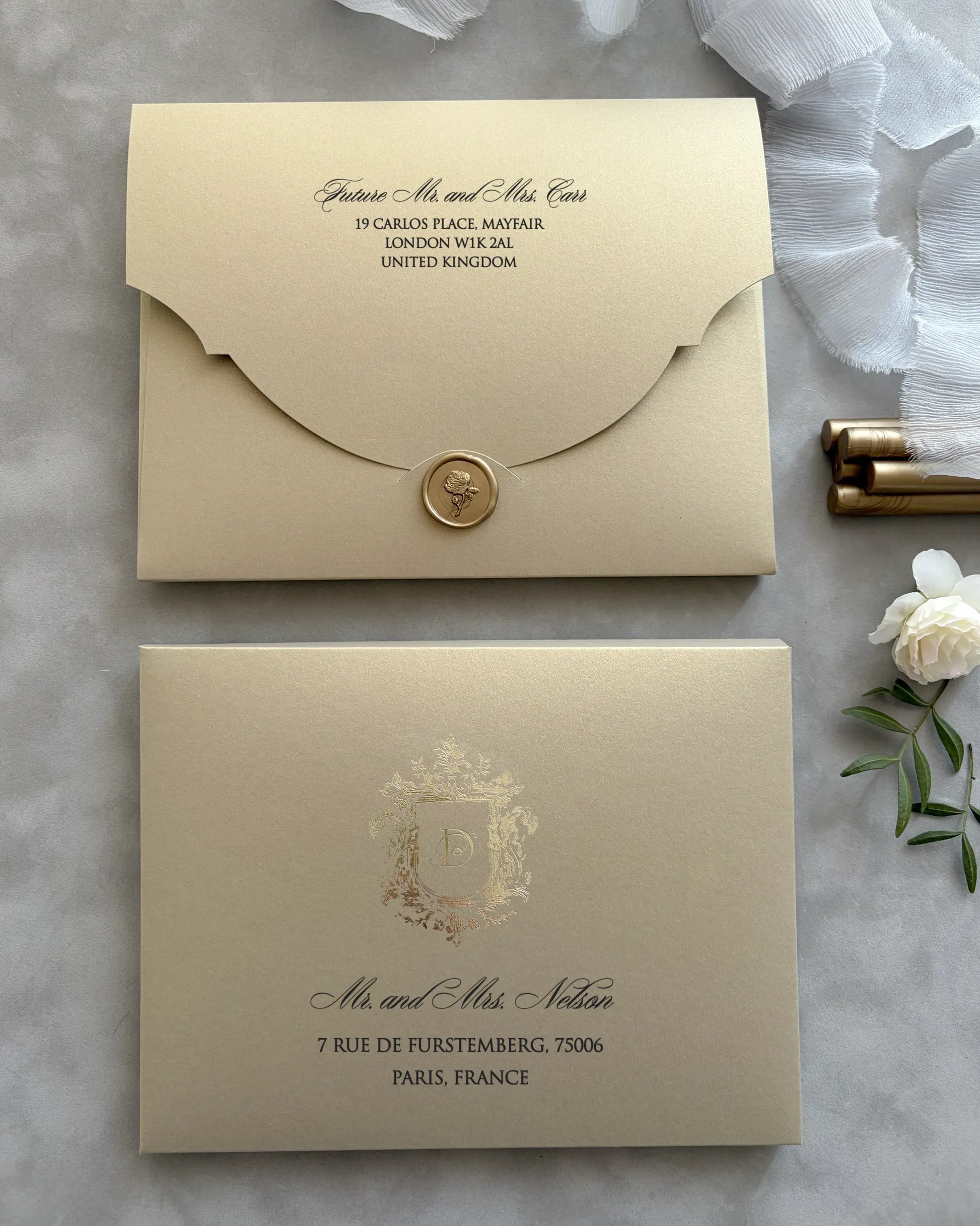 Black Velvet Venue Folio Wedding Invitation cream envelopes with gold addressing and wax seal — Polina Perri