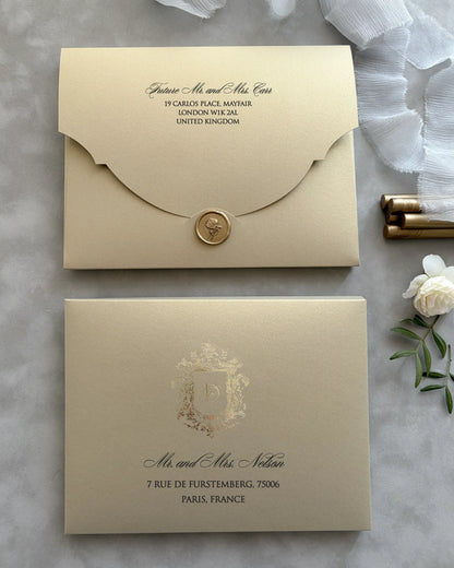 Black Velvet Venue Folio Wedding Invitation cream envelopes with gold addressing and wax seal — Polina Perri