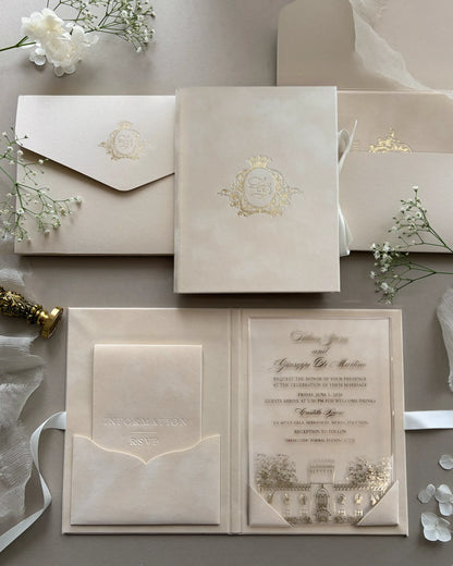 Vienna Blush Velvet Folio Wedding Invitation with gold monogram crest and acrylic venue insert — Polina Perri