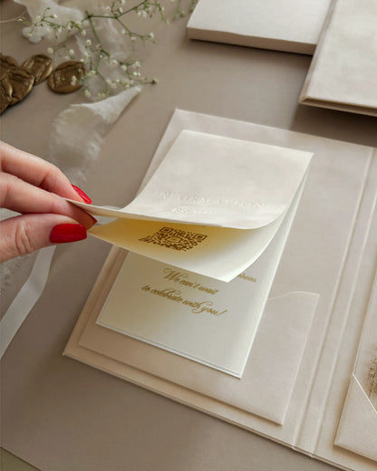 Vienna Blush Velvet Folio open with foliage-bordered cardboard invitation and RSVP card — Polina Perri