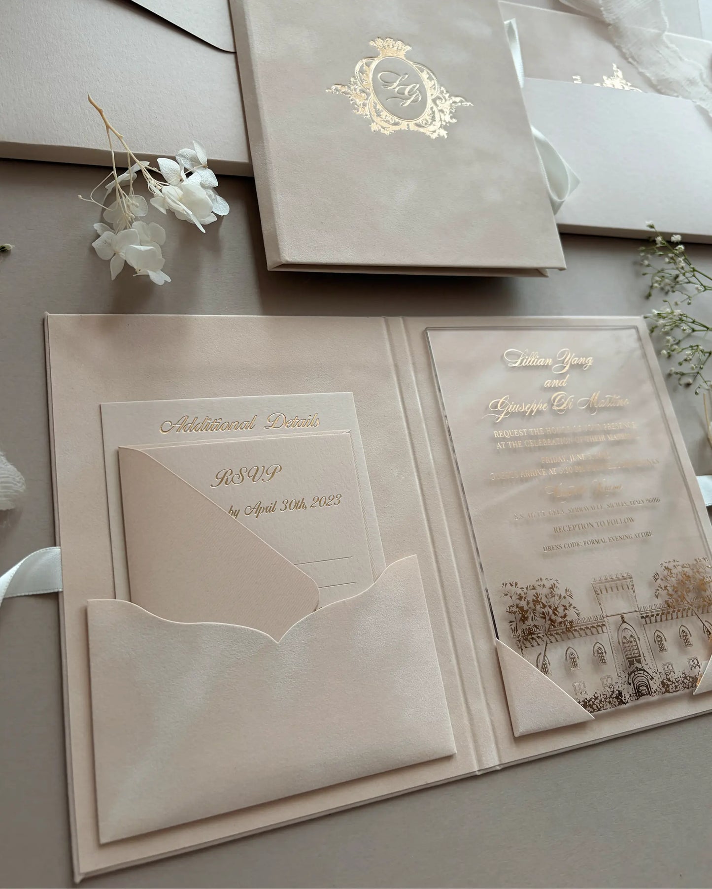 Vienna Blush Velvet Folio open with RSVP pocket and acrylic venue illustration insert — Polina Perri