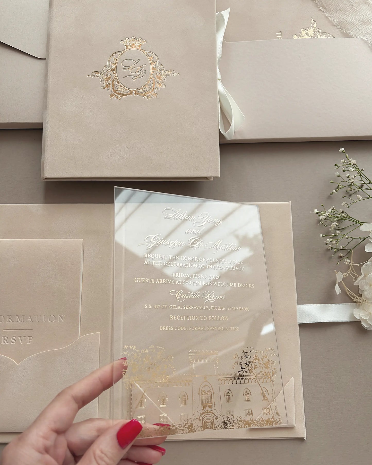 Vienna Blush Velvet Folio Wedding Invitation with RSVP card and QR code insert — Polina Perri