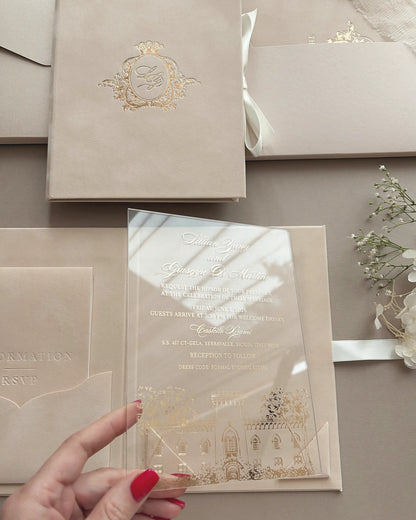 Vienna Blush Velvet Folio Wedding Invitation with RSVP card and QR code insert — Polina Perri