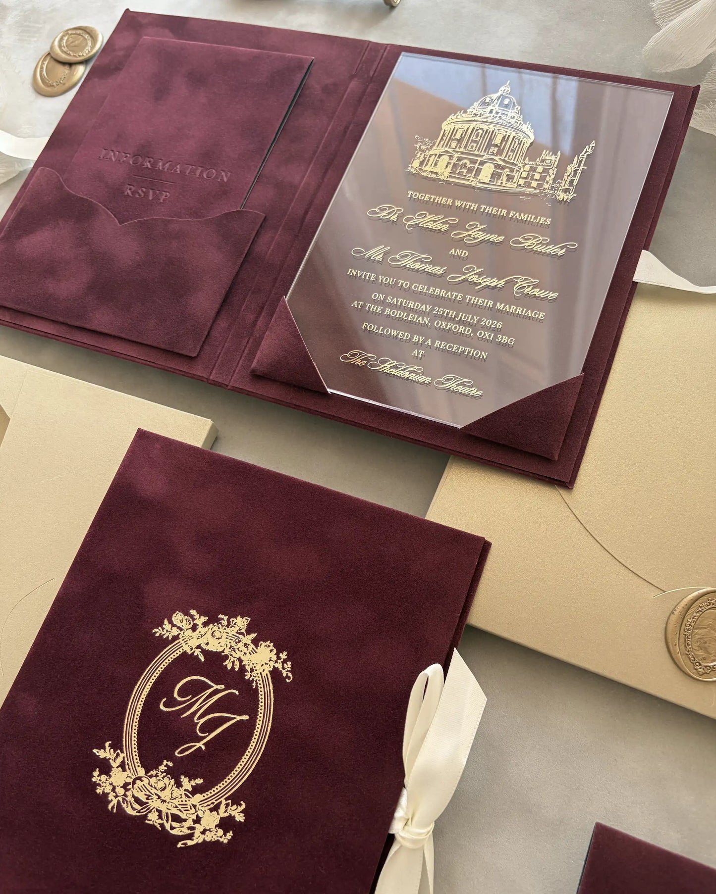 Regina Burgundy velvet folio open with gold acrylic insert featuring The Sheldonian Theatre and Information pocket — Polina Perri