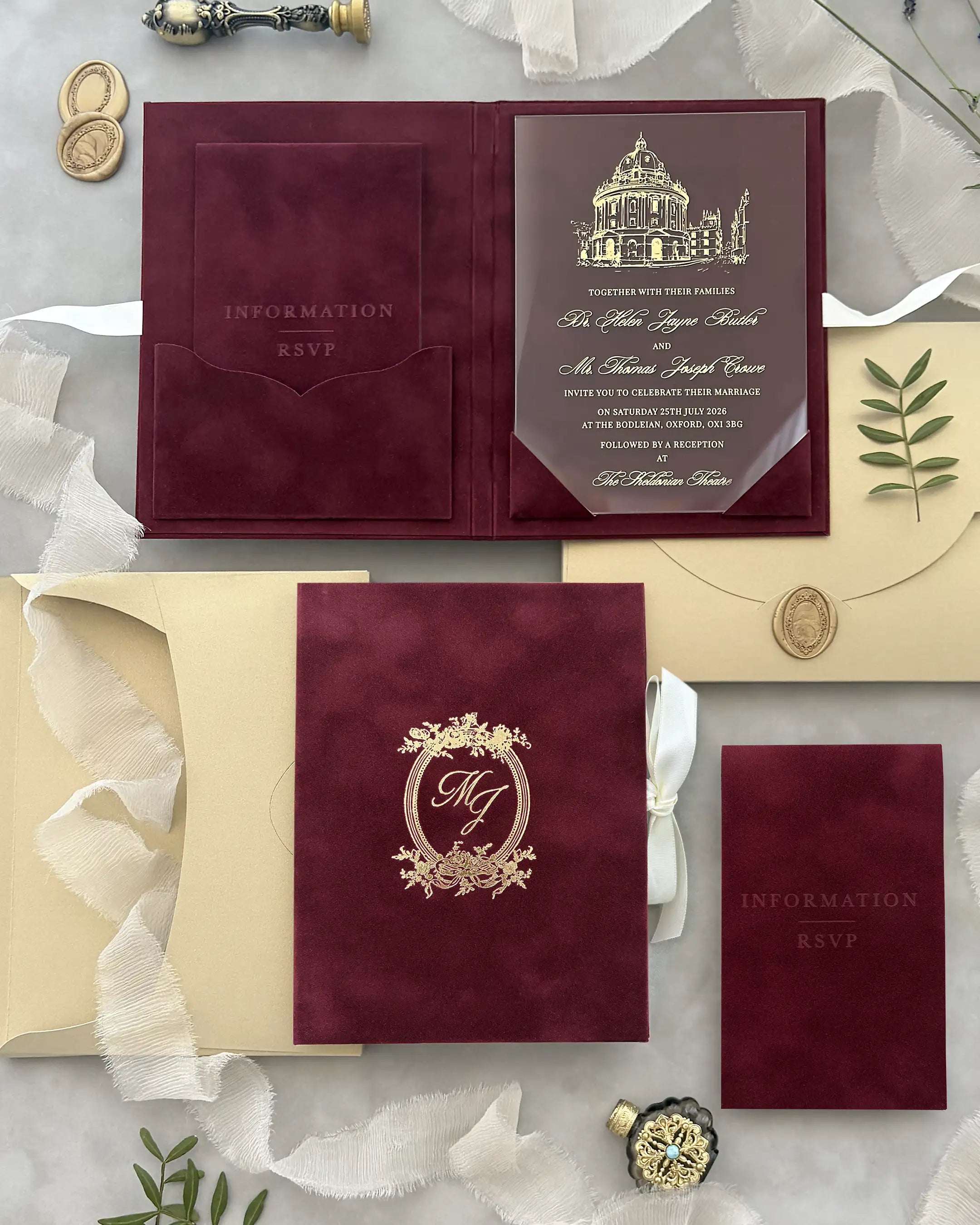 Regina Burgundy velvet folio wedding invitation suite with gold monogram, acrylic insert and insert cards — Polina Perri