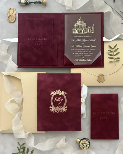 Regina Burgundy velvet folio wedding invitation suite with gold monogram, acrylic insert and insert cards — Polina Perri
