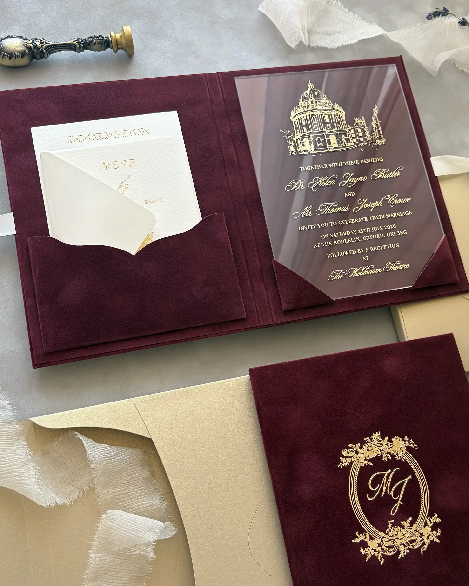 Regina Burgundy velvet folio open with gold acrylic insert featuring The Sheldonian Theatre and gold monogram cover — Polina Perri