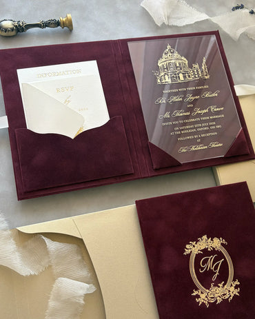 Regina Burgundy velvet folio open with gold acrylic insert featuring The Sheldonian Theatre and gold monogram cover — Polina Perri