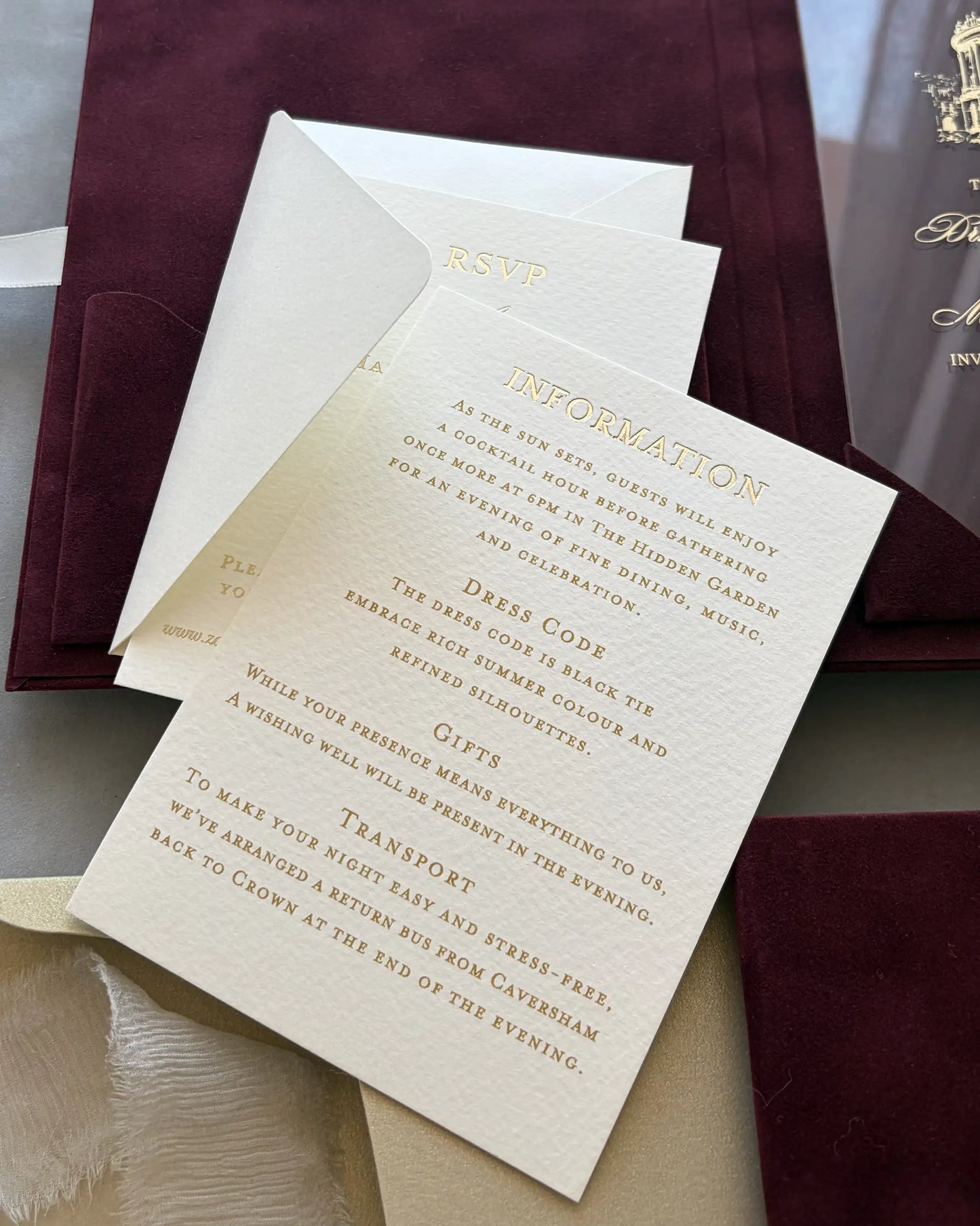 Regina Burgundy velvet folio with Information and RSVP insert cards close-up — Polina Perri