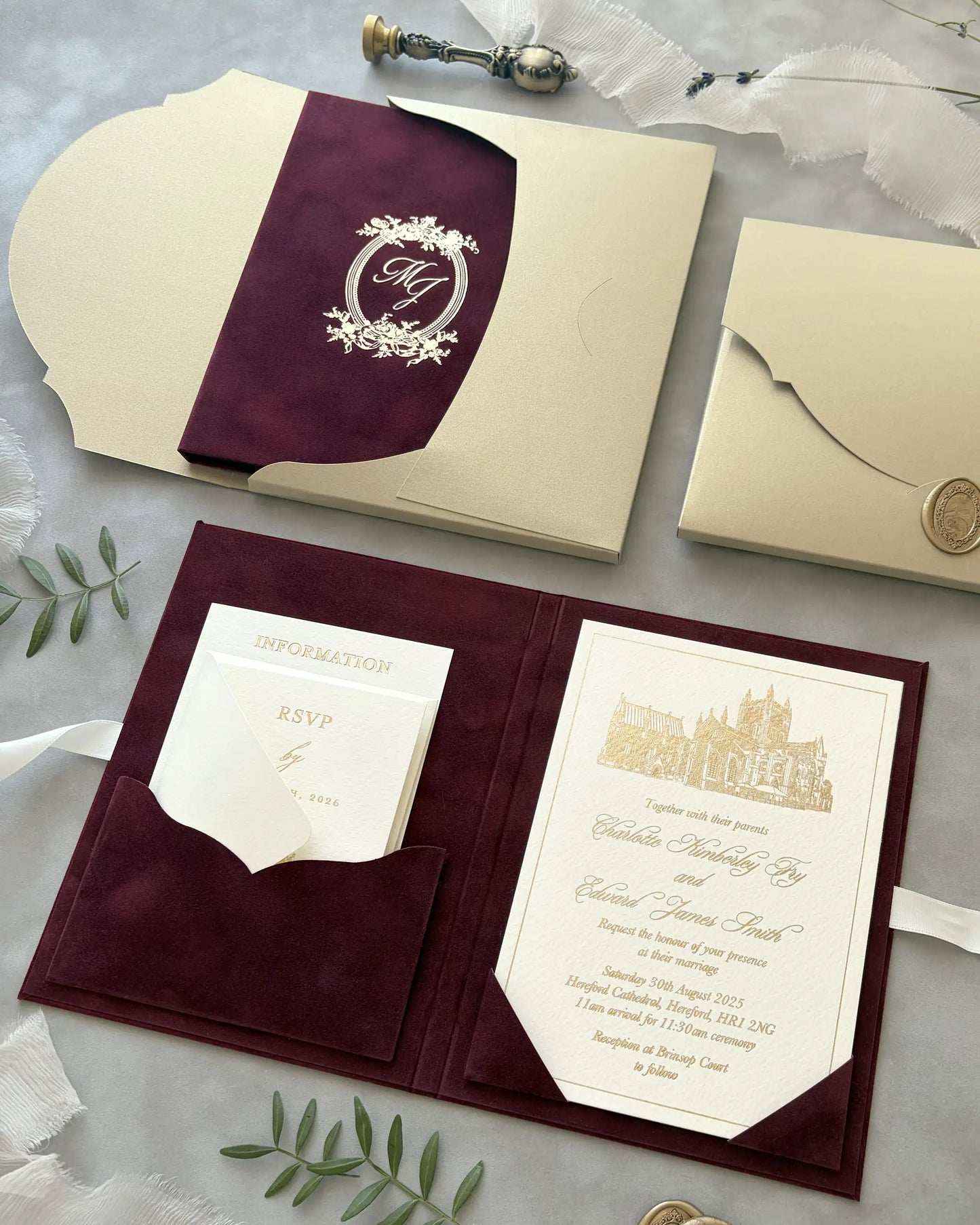  Regina Burgundy velvet folio open with gold cardboard insert featuring Hereford Cathedral and gold monogram cover — Polina Perri