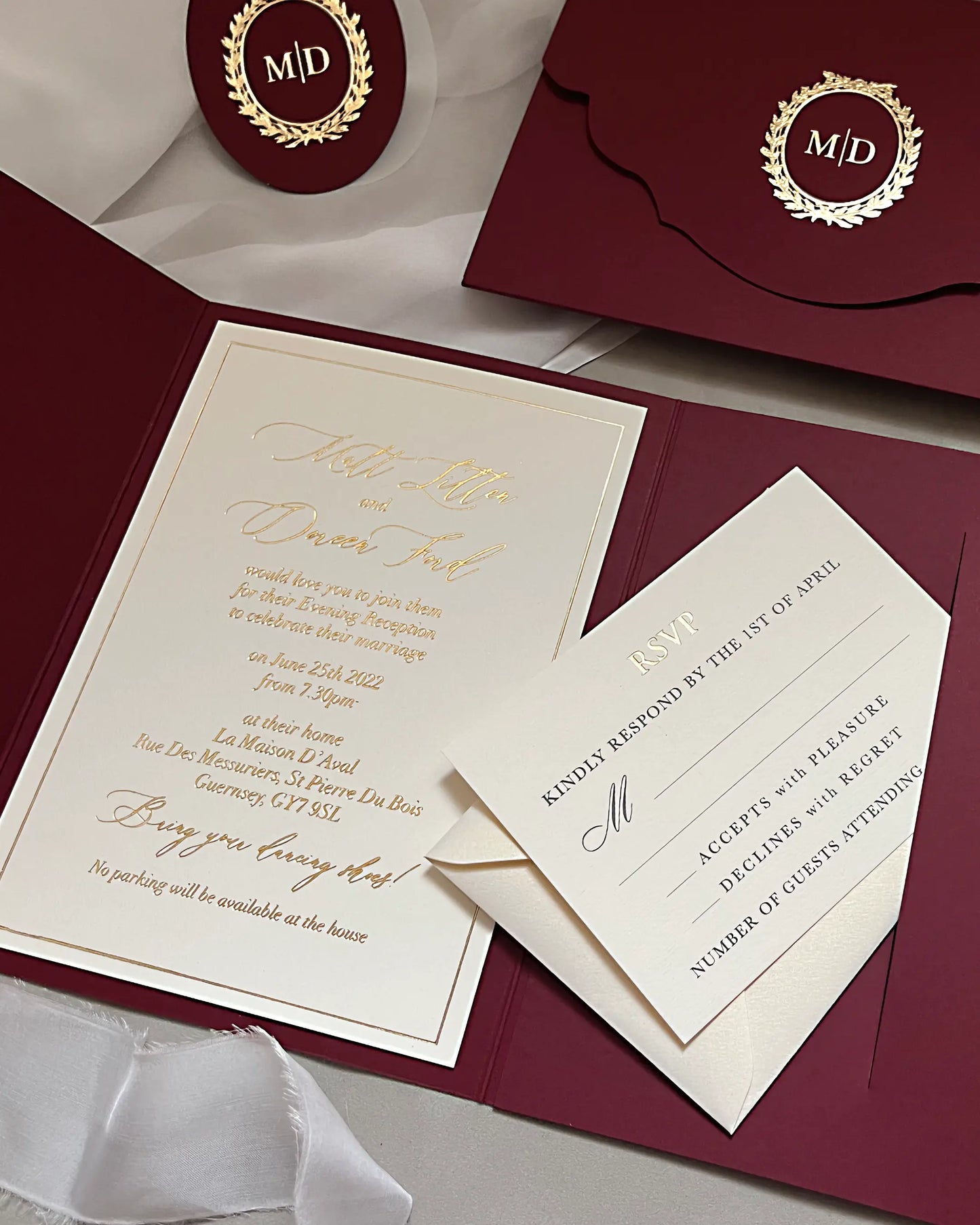  Cecile Burgundy pocketfold wedding invitation with gold monogram and RSVP card — Polina Perri