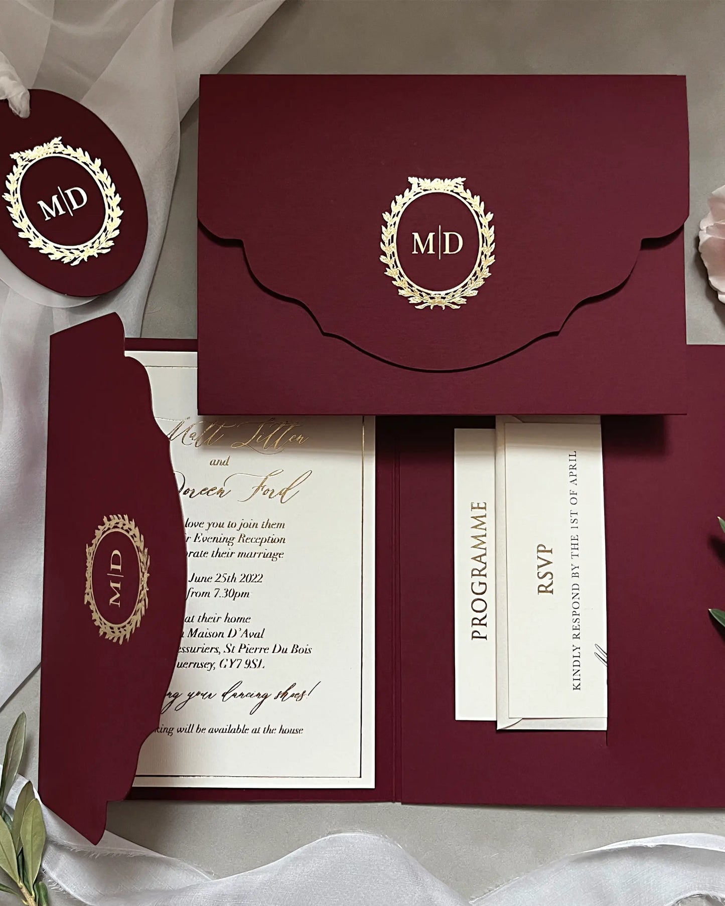 Cecile Burgundy pocketfold wedding invitation suite with gold foil monogram — Polina Perri