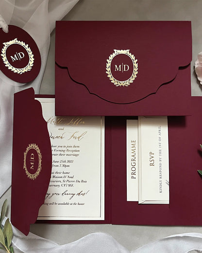 Cecile Burgundy pocketfold wedding invitation suite with gold foil monogram — Polina Perri