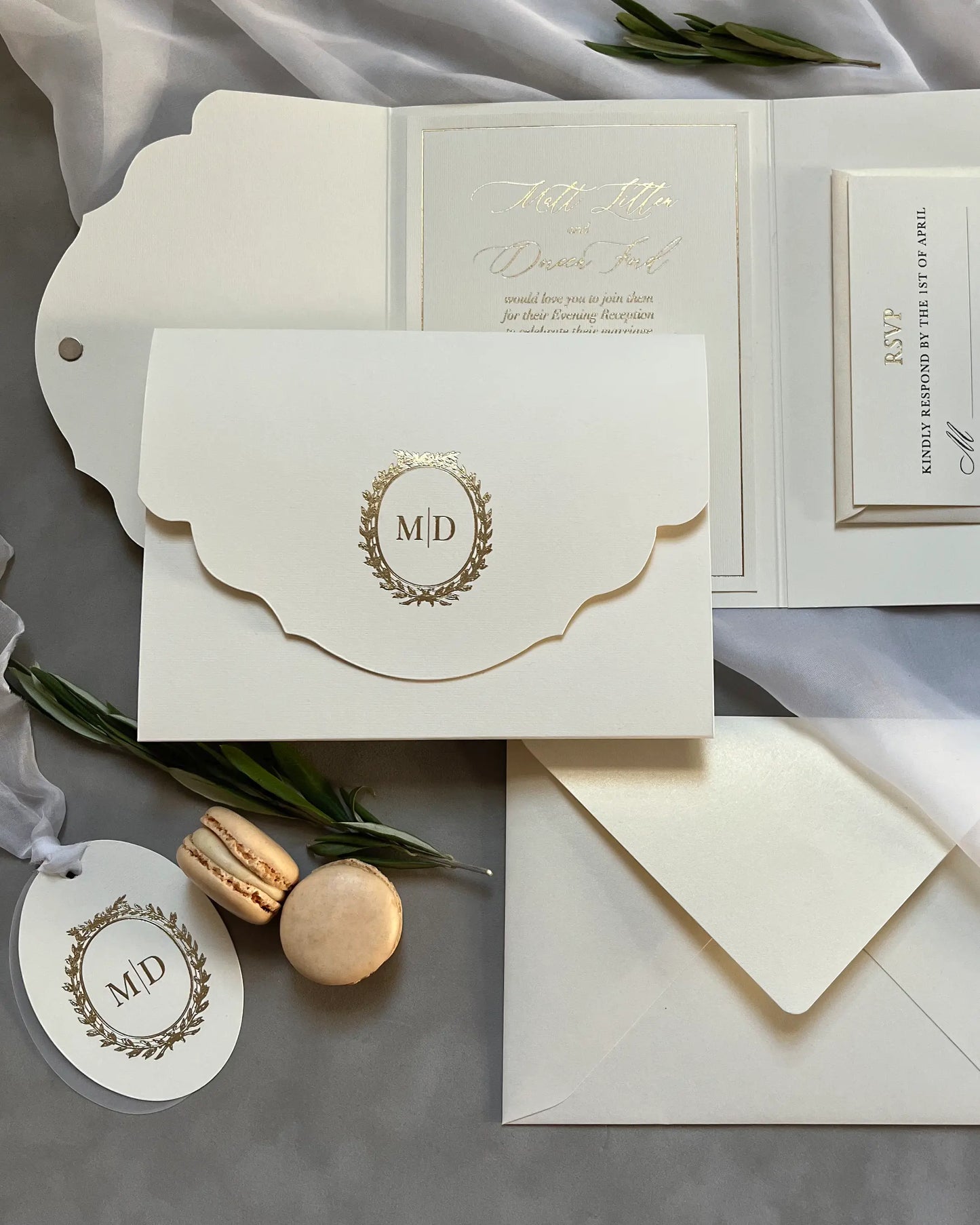 Cecile Cream pocketfold wedding invitation with gold monogram, RSVP card and wax seal — Polina Perri