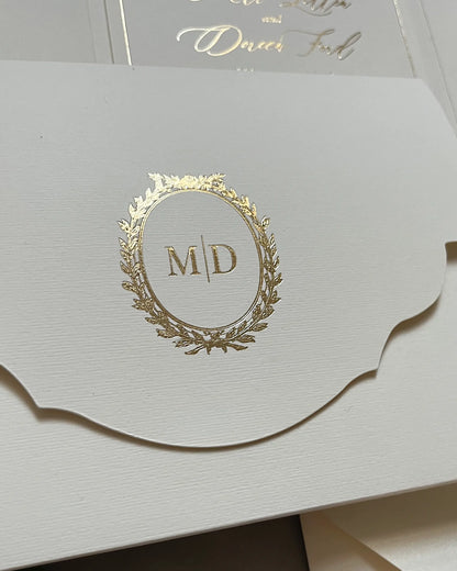 Cecile Cream pocketfold cover with gold foil monogram wreath close-up — Polina Perri