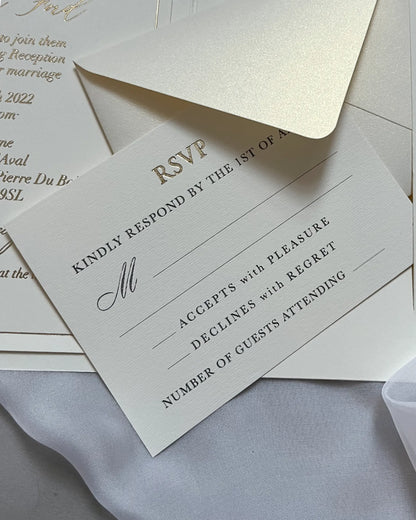 Cecile Cream pocketfold wedding invitation with RSVP card close-up — Polina Perri