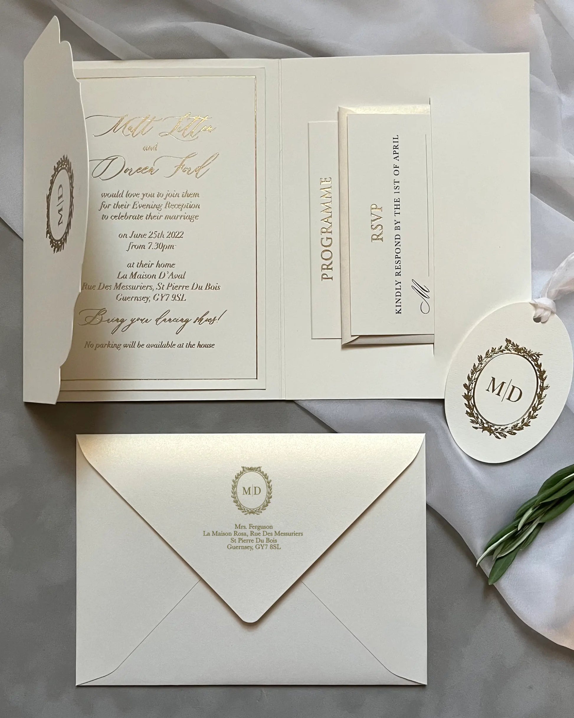 Cecile Cream pocketfold wedding invitation with envelope, insert cards and wax seal tag — Polina Perri