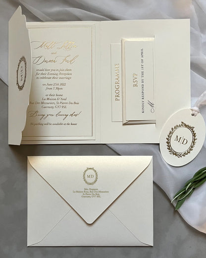 Cecile Cream pocketfold wedding invitation with envelope, insert cards and wax seal tag — Polina Perri