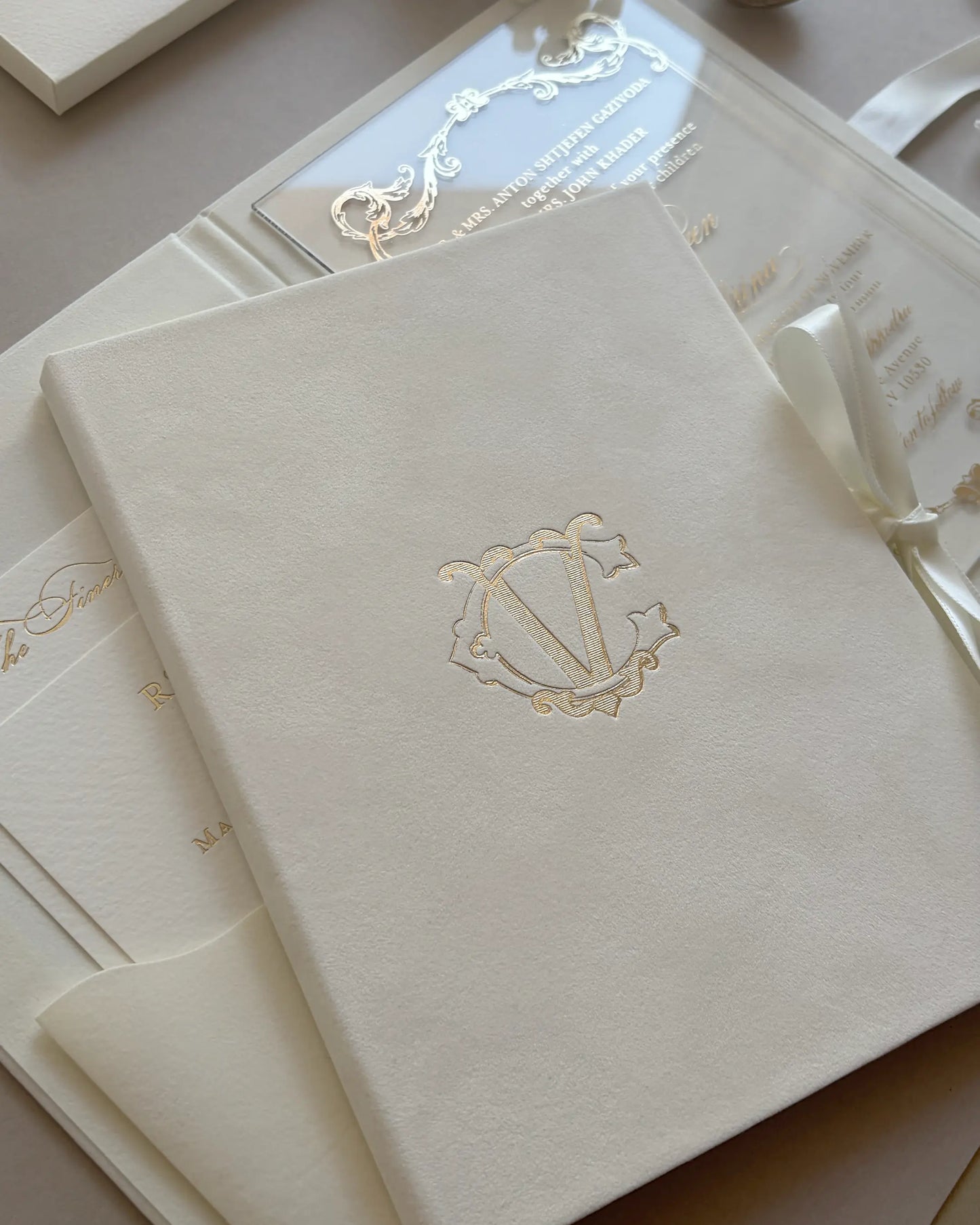 Cream Monogram Folio velvet cover with gold foil monogram close-up — Polina Perri