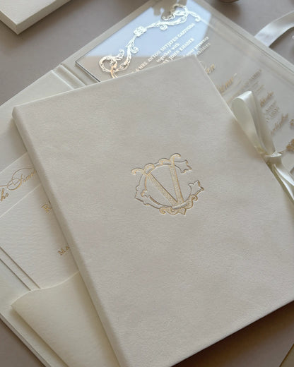 Cream Monogram Folio velvet cover with gold foil monogram close-up — Polina Perri