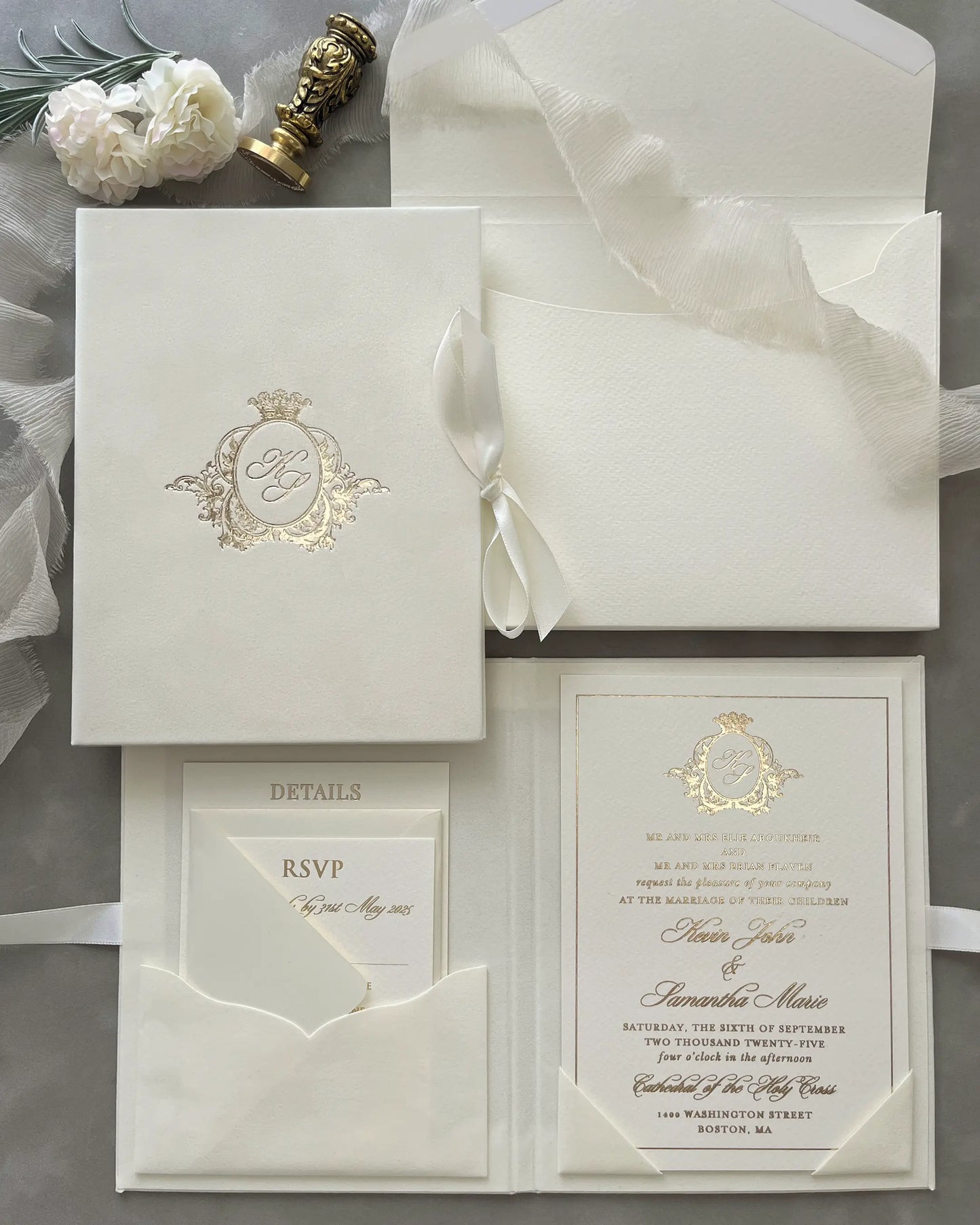 Cream Monogram Folio wedding invitation suite with cardboard insert, RSVP and Details cards — Polina Perri