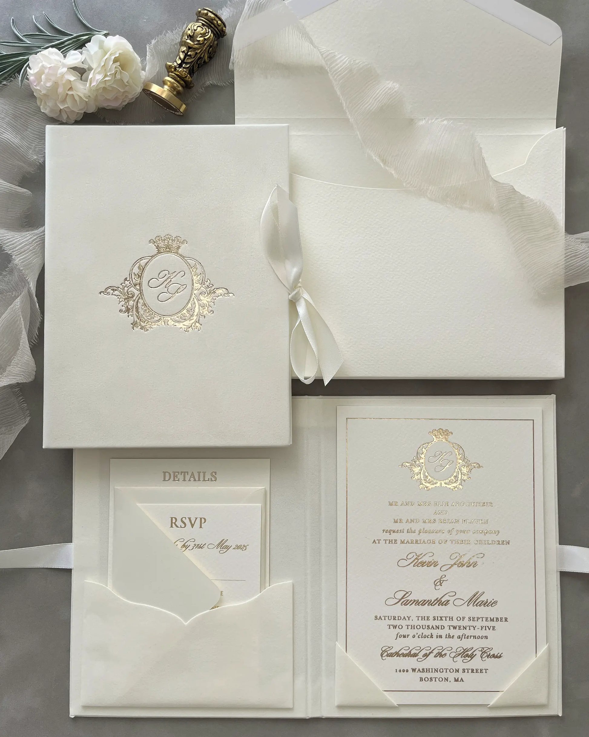 Cream Monogram Folio wedding invitation suite with cardboard insert, RSVP and Details cards — Polina Perri