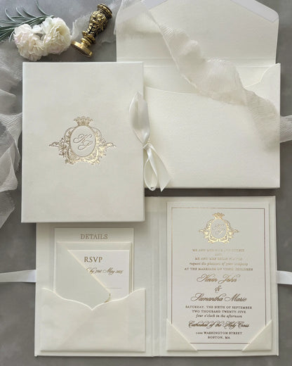 Cream Monogram Folio wedding invitation suite with cardboard insert, RSVP and Details cards — Polina Perri