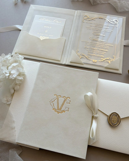  Cream Monogram Folio wedding invitation open with acrylic insert and wax seal close-up — Polina Perri