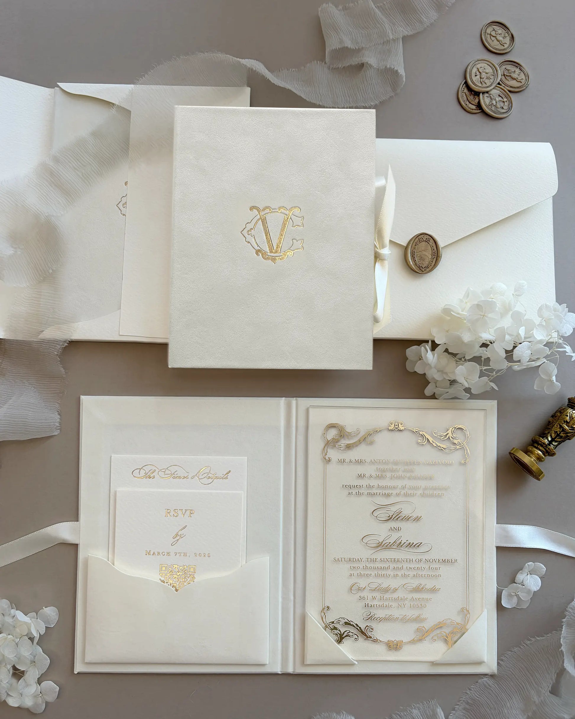 Cream Monogram Folio wedding invitation suite with acrylic insert, envelope and wax seal — Polina Perri