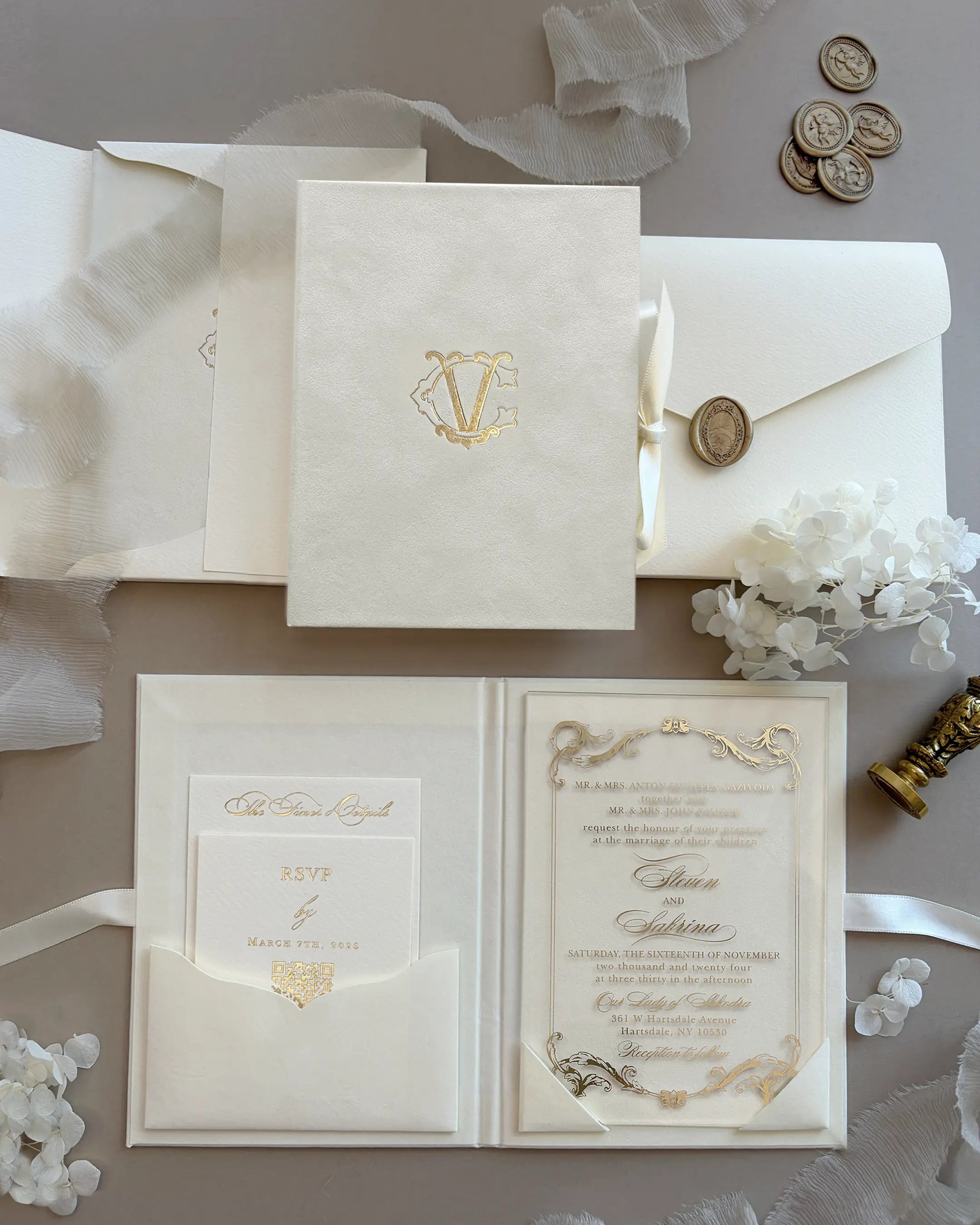 Cream Monogram Folio wedding invitation suite with acrylic insert, envelope and wax seal — Polina Perri