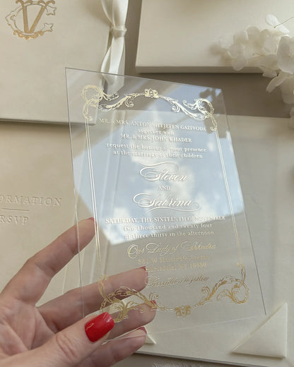 Cream Monogram Folio with acrylic invitation card and gold border detail — Polina Perri