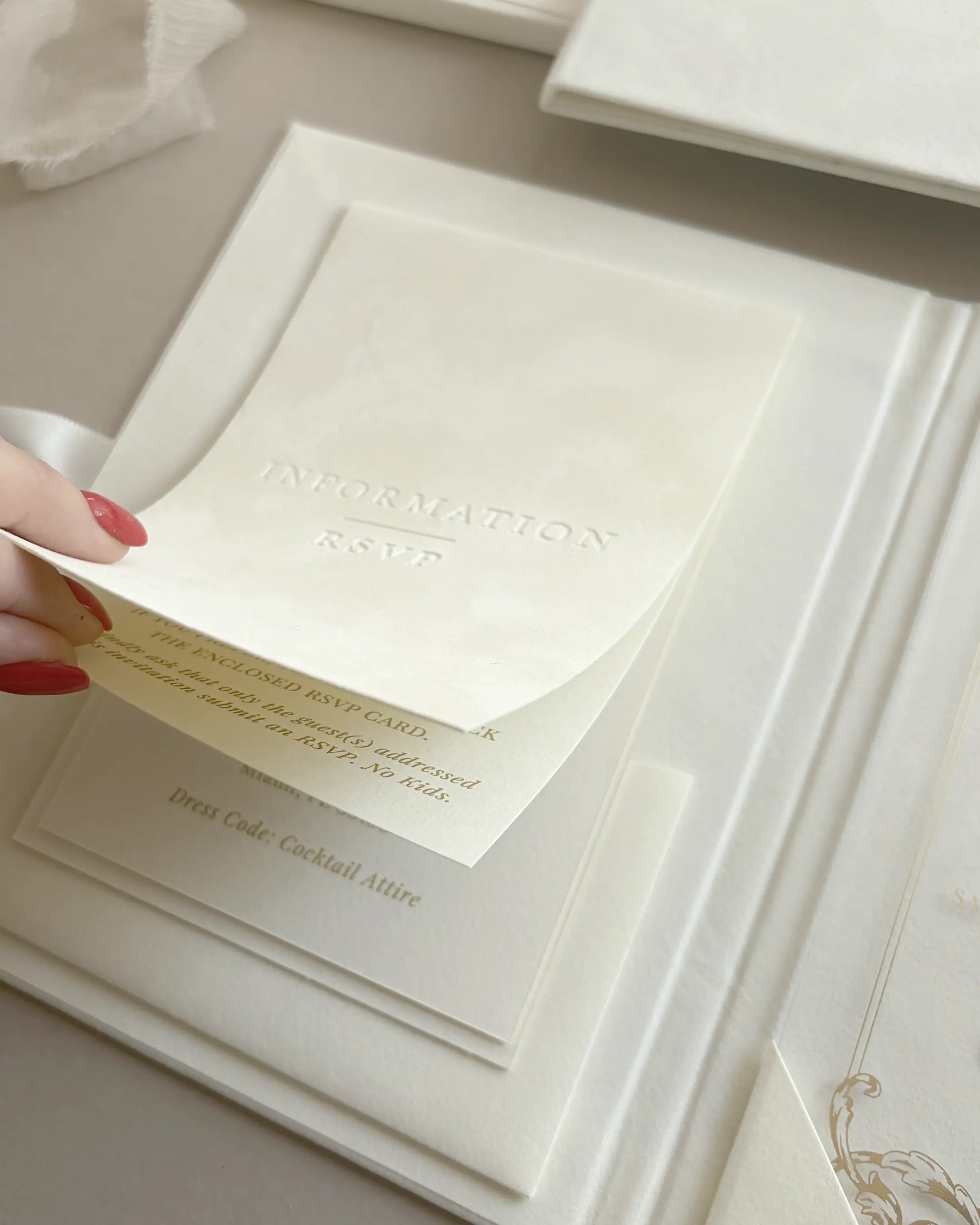 Cream Monogram Folio velvet pocket with Information and RSVP inserts close-up — Polina Perri