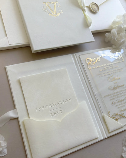 Cream Monogram Folio open with gold foil monogram, Information and RSVP pocket inserts — Polina Perri