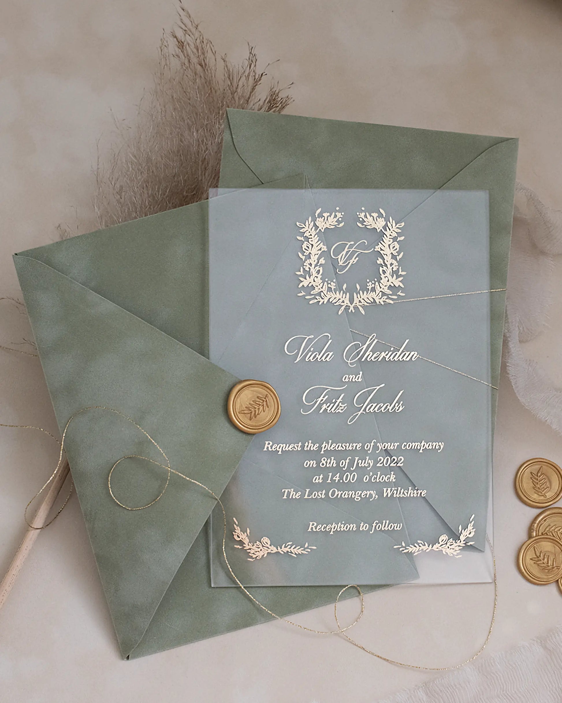 Fiori Acrylic Wedding Invitation with white foil botanical wreath on Sage Green velvet envelope and gold wax seals — Polina Perri